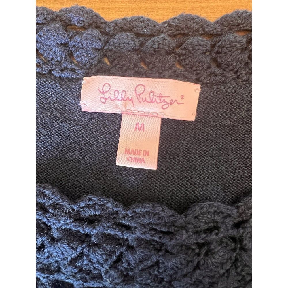 Lilly Pulitzer Kariana Sweater Shift Dress Med Navy‎ Blue Merino Wool Crocheted